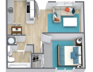 a stylized floor plan with a bedroom and living room