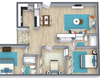three bedroom floor plan with furniture  at Residences at Lakeshore Apartments, Oklahoma