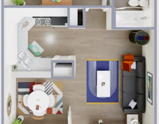 A top-down view of a small apartment with a bedroom, living room, and kitchen.