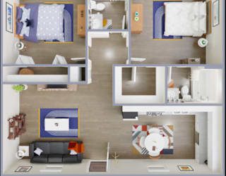 A top-down view of a modern apartment with a kitchen, living room, and bedrooms.