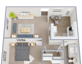 A floor plan of a small apartment with a kitchen, living room, and bathroom.