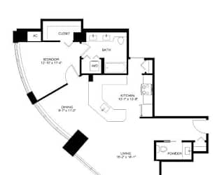 A floor plan of a house with a kitchen, living room and dining room.