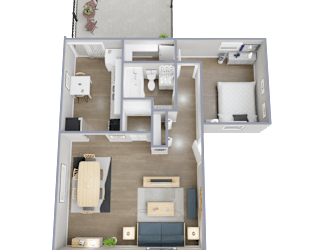 A top-down view of a two-bedroom apartment with a living room, kitchen, and bathroom.