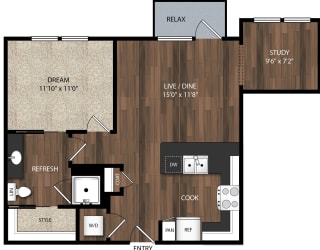 Main Street Flats Apartments Phase II 1x1 + Study T Floor Plan