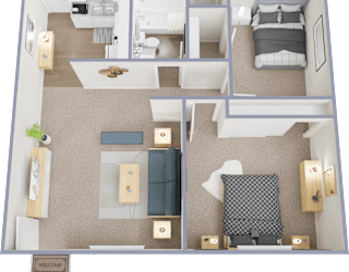 A floor plan of a small apartment with a bedroom, living room, and kitchen.