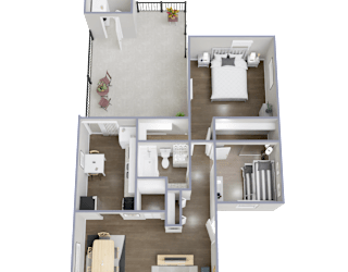 A top-down view of a two-bedroom apartment with a living room, kitchen, and bathroom.