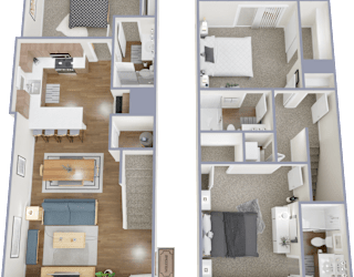 A floor plan of a three-bedroom apartment with a living room, kitchen, and bathroom.