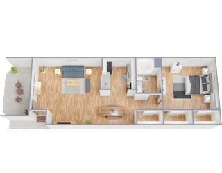 A 3D floor plan of a house with a living room, kitchen, dining area, and bedrooms.