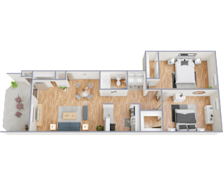 A 3D rendered image of a modern house layout.
