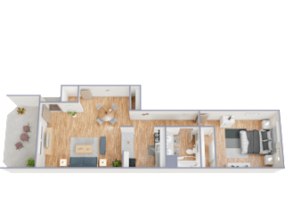 A 3D floor plan of a house with a living room, kitchen, dining area, and two bedrooms.