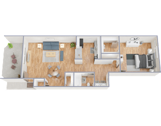 A 3D rendered image of a modern apartment layout.