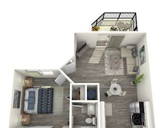 A 3D rendered image of a small apartment layout.