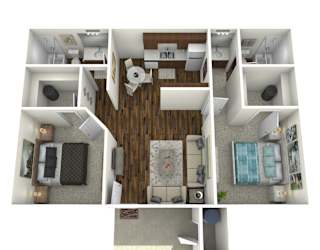 A 3D floor plan of a small apartment with a kitchen, living room, and bedroom.