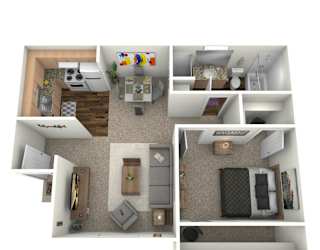 A 3D floor plan of a small apartment with a kitchen, living room, and bedroom.