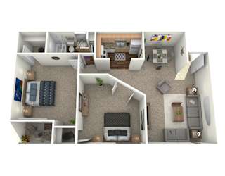 A 3D floor plan of a house with various rooms and furniture.
