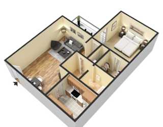 A 3D rendered image of a house layout.