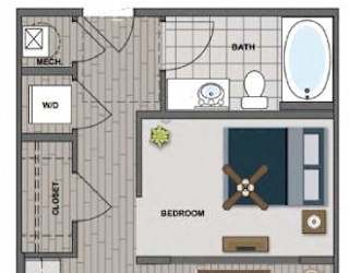 A floor plan of a small apartment with a living room, kitchen, bathroom, and bedroom.