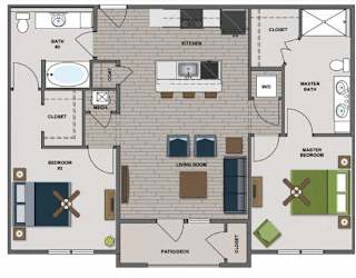 A floor plan of a house with a master bedroom, two living rooms, a kitchen, a bathroom, and a pantry.