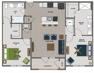 A floor plan of a house with a living room, kitchen, and two bedrooms.