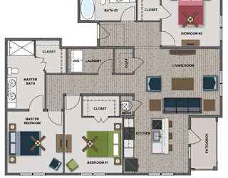 A floor plan of a house with two bedrooms, a living room, a kitchen, a bathroom, and a laundry area.