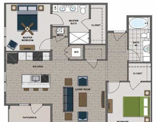A floor plan of a house with a master bedroom, a kitchen, a living room, and a bathroom.