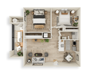 Reveal 3D Floor Plan 2 Bed 1 Bath 840sf