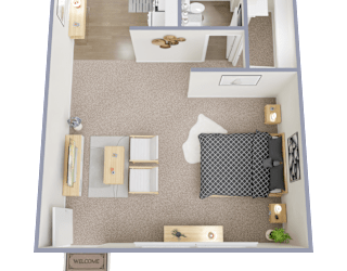 A floor plan of a house with a living room, kitchen, and two bedrooms.