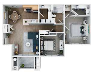 A top-down view of a small apartment with a kitchen, living room, and bathroom.