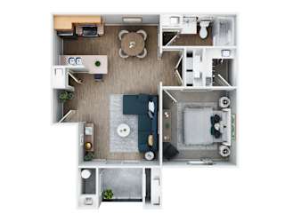 A top-down view of a small apartment with a kitchen, living room, and bathroom.