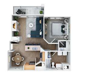 A top-down view of a small apartment with a kitchen, living room, and bathroom.