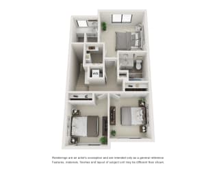 Floor plan of Maple Place townhome, 3-bedroom style (second level)