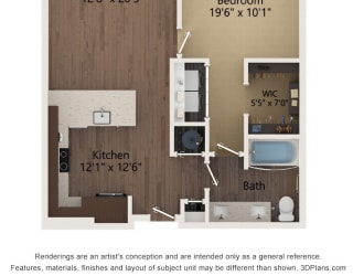 1 bed 1 bath floor plan F at The Residences at Galleria, Overland Park, KS, 66211