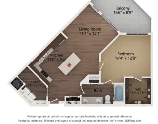 1 bed 1 bath floor plan H at The Residences at Galleria, Overland Park, KS