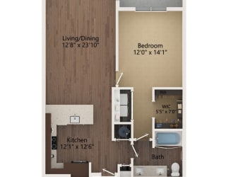 1 bed 1 bath floor plan J at The Residences at Galleria, Overland Park, 66211