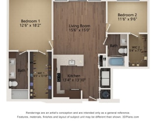 2 bedroom 2 bathroom Floor plan B at The Residences at Galleria, Overland Park, Kansas