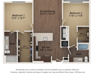 2 bedroom 2 bathroom Floor plan D at The Residences at Galleria, Overland Park