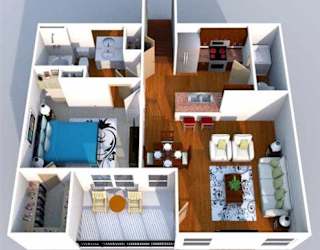 A 3D floor plan of a small apartment with a kitchen, living room, and bedroom.