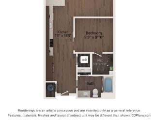 1 bed 1 bath floor plan B at The Residences at Galleria, Overland Park, Kansas