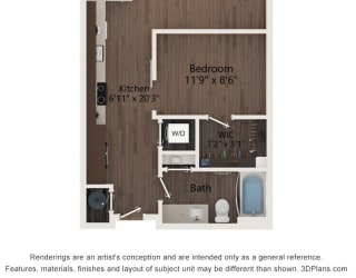 1 bed 1 bath floor plan D at The Residences at Galleria, Overland Park