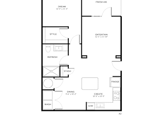 A floor plan of a house with labeled rooms such as "DREAM", "FRESH AIR", "STYLE", "REFRESH", "STASH", "FRIDGE", "DINING", "W