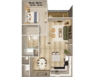 A floor plan of a small apartment with a kitchen, living room, and bathroom.