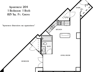 a floor plan of a 1 bedroom floor plan with a peaked roof and a 90