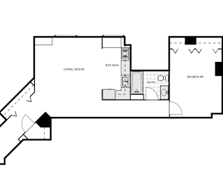 a floor plan of a bedroom floor plan with an open floor plan to the right