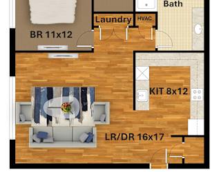A floor plan of a small apartment with a bedroom, bathroom, laundry, and kitchen.