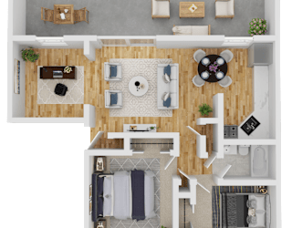 A top-down view of a modern apartment layout with a kitchen, living room, and bedrooms.
