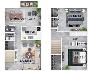 A floor plan of a house with a dining area, kitchen, laundry, and bathroom.