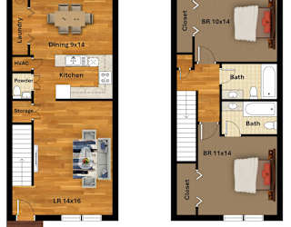 A floor plan of a house with a kitchen, dining area, and bathroom.