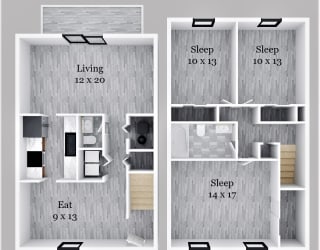 Floor Plan Three Bedroom 1.5 Bath TH