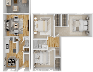 A 3D floor plan of a house showing the layout of the rooms.