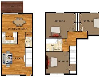 A floor plan of a house with a dining area, powder room, and laundry room.